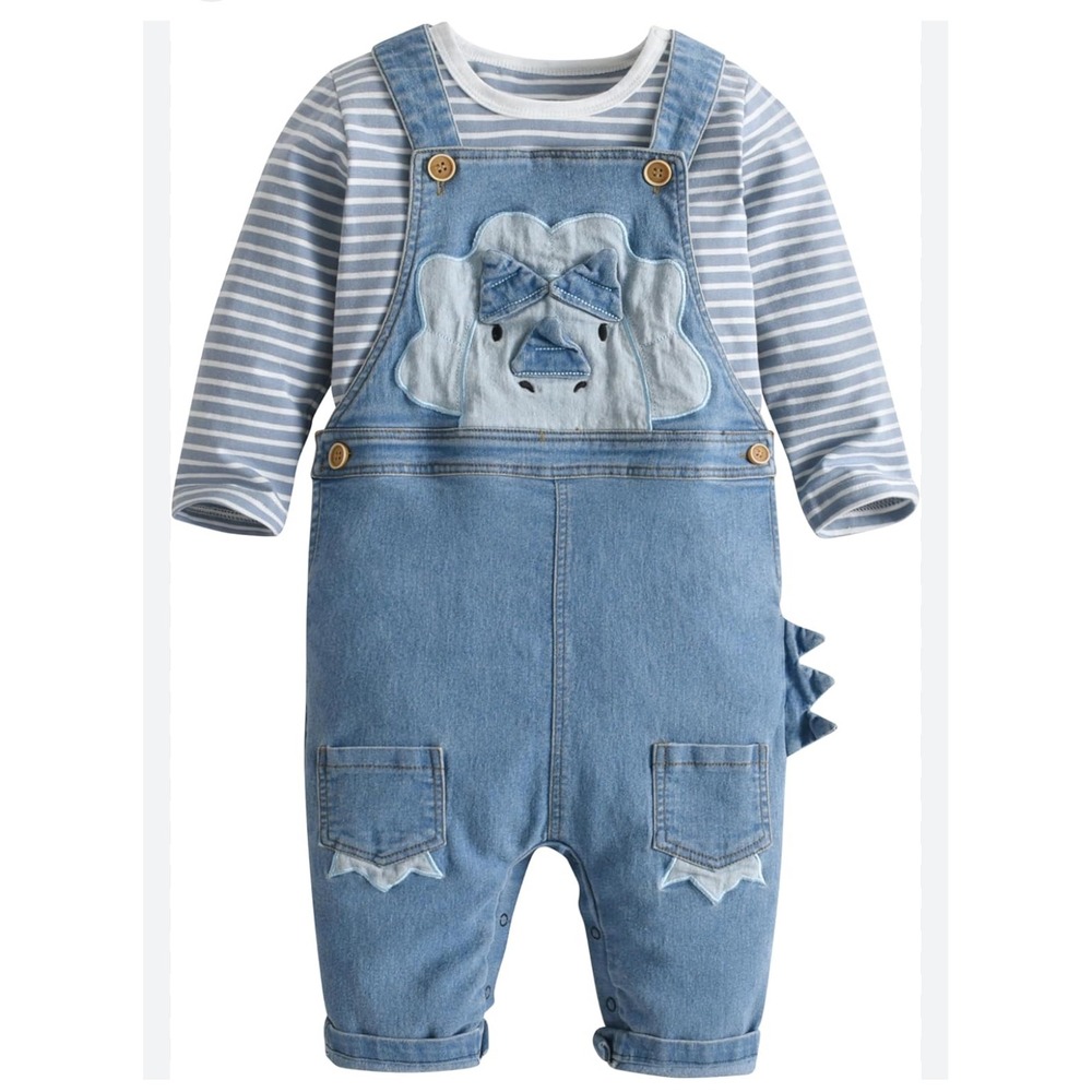 NewToddler Boys Denim Overalls Striped Long Sleeve Shirt Dinosaur Set 6-12 Month